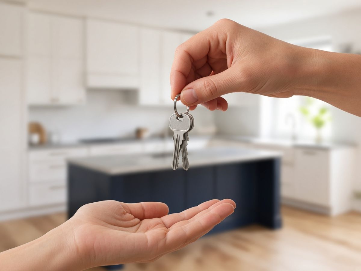 House keys being handed over in a bright renovated kitchen